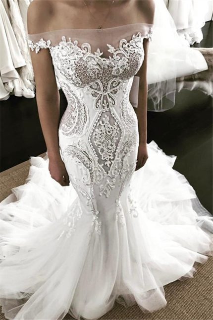 Sleeveless Mermaid Tulle Wedding Dress with Chapel Train featuring Off The Shoulder Style
