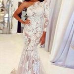 Long Sleeve Tulle Lace Mermaid Wedding Dress with One Shoulder Design