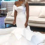 White Mermaid Bridal Gowns with Ruffled Train in One Shoulder Style