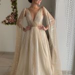 Champange See-through Wedding Dress with Plunging V-neck Design