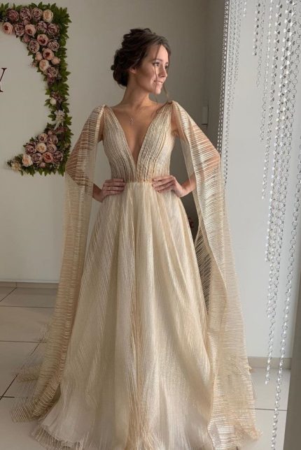 Champange See-through Wedding Dress with Plunging V-neck Design