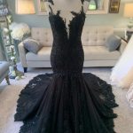 Illusion Tank Chapel Lace Tulle Black Trumpet Wedding Dress with Plunge Neckline