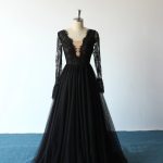 Sweep Lace Tulle A-line Black Wedding Dress with Plunge Long Sleeves