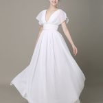 Plunging Chiffon Beach Wedding Dress with A-Line Silhouette Ivory V-Neck Pleated Belt and Short Sleeves