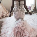 African Custom Made Ruffled Wedding Dresses for Plus Size Brides featuring Mermaid Silhouette Crystal Lace Beads and Sweetheart Neckline