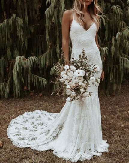 V-neck Straps Sleeveless Mermaid Wedding Dress with Sweep Fishtail Lace