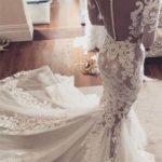 Mermaid Wedding Dress with Lace Appliques Long Sleeves and Sheer Tulle Details