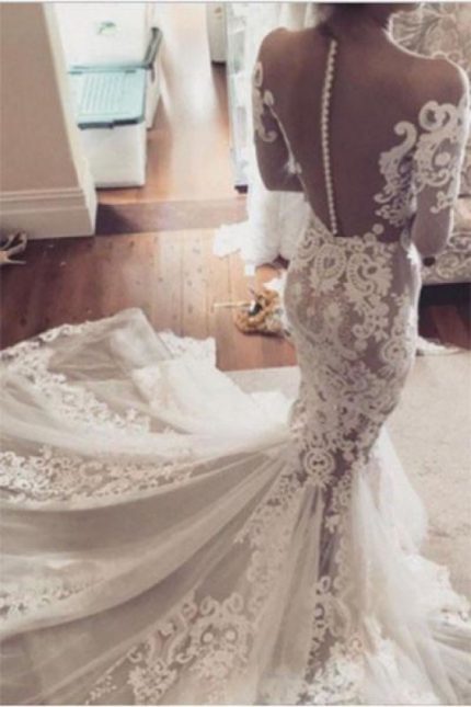 Mermaid Wedding Dress with Lace Appliques Long Sleeves and Sheer Tulle Details
