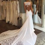 Sleeveless Long Beach Wedding Dress with Sheath Silhouette and Lace Details
