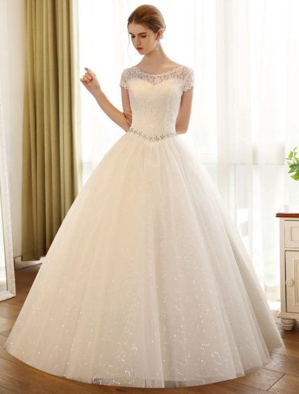 Ball Gown Wedding Dresses with Lace Sequin Bridal Dress in Ivory Color featuring Beading Sash and Backless Style