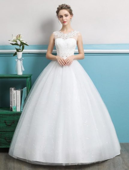 Ball Gown Wedding Dresses with Tulle Backless Ivory Beading and Floor Length Bridal Dress