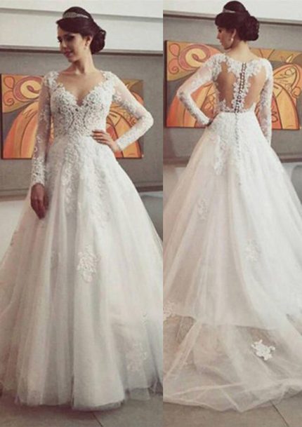 Long Sleeve Court Tulle Wedding Dress with Bateau Neckline featuring Lace Details