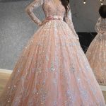 Pink Long Sleeves A-line Wedding Dress with High Waist Lace Belt and Princess Vibes