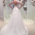 Scalloped V Neck Court Lace Wedding Dress with Buttons showcasing a Princess Look