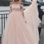 Off Shoulder Court Pink Tulle Wedding Dress with Lace creating a Princess Look