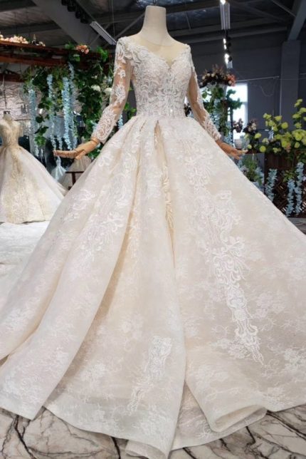 Sheer Neck Ball Gown Lace Long Wedding Dress with Sleeves creating a Princess Look