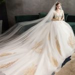 Ivory Lace Applique Half Sleeve Princess Wedding Dress with V Neck and Train