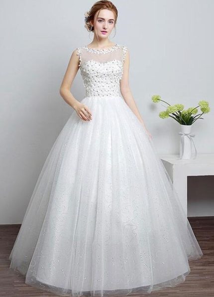 Ivory Sweetheart Illusion Neckline Princess Wedding Dress with Cut Out and Rhinestone Flowers