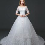 White Half Sleeve Ball Gown Princess Wedding Dress with Off The Shoulder Lace Beading and Cathedral Train