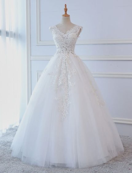 Sleeveless Floor Length V Neck Lace Bridal Gown showcasing Princess Vibes