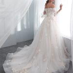 Half Sleeve Off Shoulder Princess Wedding Dress with Lace Flowers Pearls and Applique