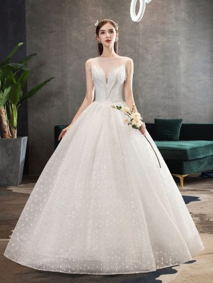 Ivory Illusion Neck Beaded Sleeveless Princess Wedding Dress with Floor Length Bridal Gown