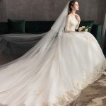 Ivory Lace Applique Half Sleeve Off The Shoulder Princess Bridal Gown with Train