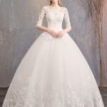 Lace Illusion Neckline Half Sleeve Princess Wedding Dress with Floor Length Bridal Gown