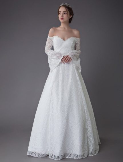 Exclusive Lace Off The Shoulder A-Line Wedding Dress with Long Sleeve and Floor Length
