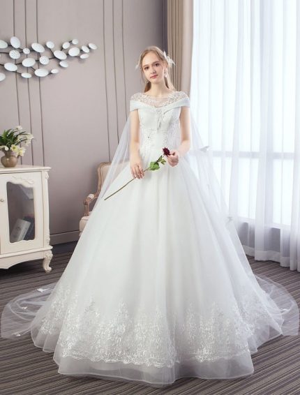 Lace Watteau Train Applique Beaded Ivory Princess Bridal Gowns
