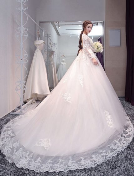 Long Sleeve Backless Princess Wedding Dress with Lace Bridal Dress and Long Train