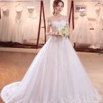 Off The Shoulder Lace Applique Beading Princess Wedding Dress with Straps and Long Train
