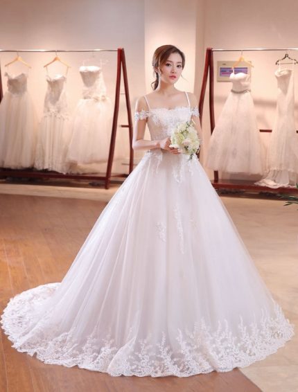 Off The Shoulder Lace Applique Beading Princess Wedding Dress with Straps and Long Train