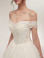 Off The Shoulder Ivory Bridal Dress with Lace Applique Tulle and Floor Length Ball Gowns - Image 9