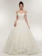 Off The Shoulder Ivory Bridal Dress with Lace Applique Tulle and Floor Length Ball Gowns