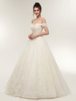 Off The Shoulder Ivory Bridal Dress with Lace Applique Tulle and Floor Length Ball Gowns - Image 3