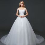 Off The Shoulder Lace 3D Flowers Applique Tulle Ivory Princess Bridal Gown with Long Train