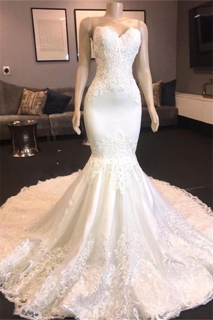Sweetheart Mermaid Court Train Princess Wedding Dress in White