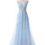 V Neck A-Line Sleeveless Prom Dress with Floor Length Lace Applique