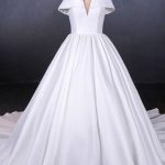 Satin Ball Gown Wedding Dress with Puffy Off the Shoulder Style and Long Train
