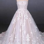 Applique Tulle Lace Up Puffy Strapless Wedding Dress with Long Train