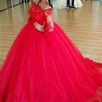 Ball Gown Quinceanera Dresses with Red Long Sleeve Off-the-Shoulder Lace