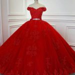Off-the-Shoulder Lace-Up Crystal Red Princess Wedding Dresses