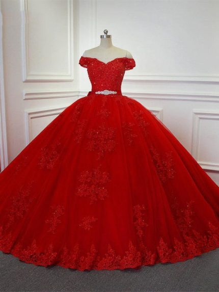 Off-the-Shoulder Lace-Up Crystal Red Princess Wedding Dresses