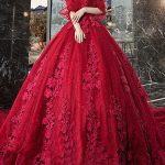 Red Tulle Half Sleeves Bridal Gown with Applique for Evening Party Dresses