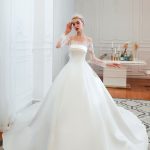 Romantic Lace Satin Princess Wedding Dress with Long Sleeves