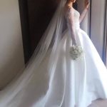 Illusion Back Wedding Dress with Romantic Lace Satin Skirt and Long Sleeves