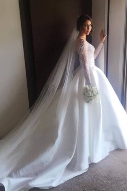 Illusion Back Wedding Dress with Romantic Lace Satin Skirt and Long Sleeves