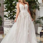 Lace Open Back Wedding Dress with Romantic V-neck A-line