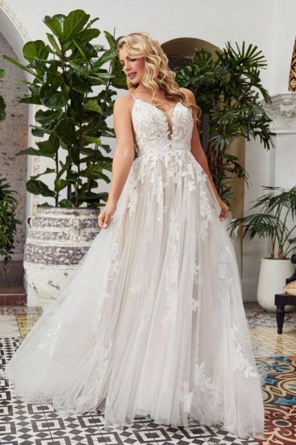 Lace Open Back Wedding Dress with Romantic V-neck A-line
